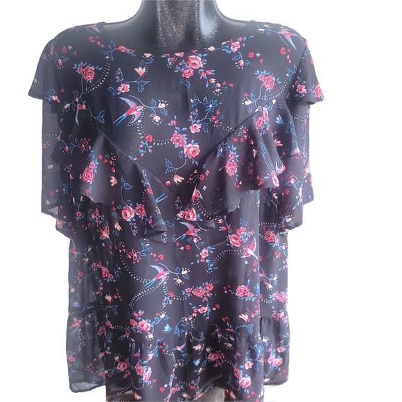 Love & Legend Black and Pink Floral Ruffle Short Sleeve Blouse 18 - Picture 2 of 7